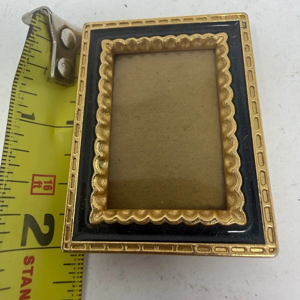 Vintage Miniature Gold Scalloped Black Enamel Picture Frame Small Desk Decor